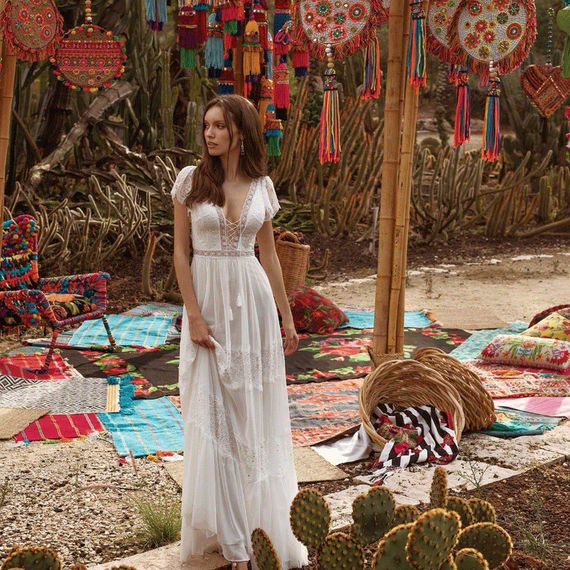 Beth Dutton Bohemian Dress Summer Spring Midi Dresses V-neck Short Sleeve Lace Applique Gown