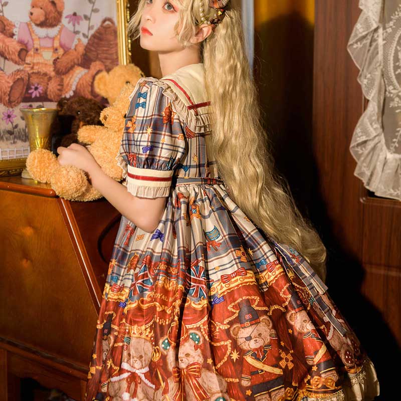 Gothic Lolita Harajuku Style Clothing British Knight Bear Short Sleeve Op Dress for Women