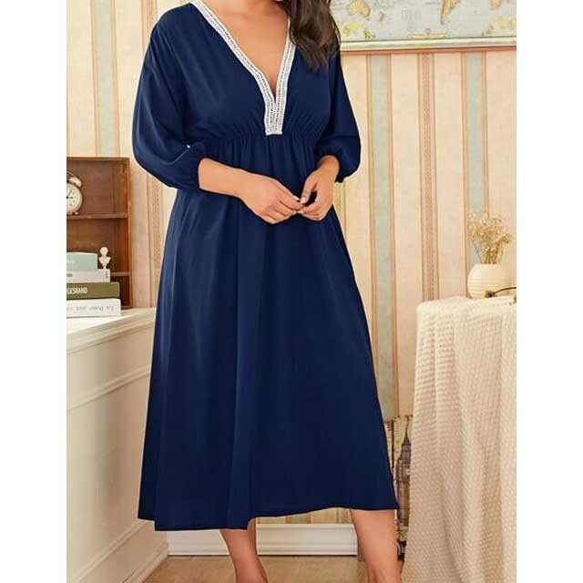 Women Plus Size Maxi Dressesv Collar Lace Stitching Solid Color Dress