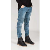 J Shaped Jeans Fashion Brand Motorcycle Pants Pleated Slim Fit Skinny Stretch Jeans