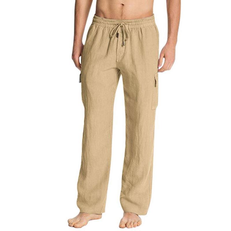 Linen Pants Straight Leg Pants Drawstring Lightweight Elastic Beach Pants Men's Multi-Pocket Rope Casual Trousers