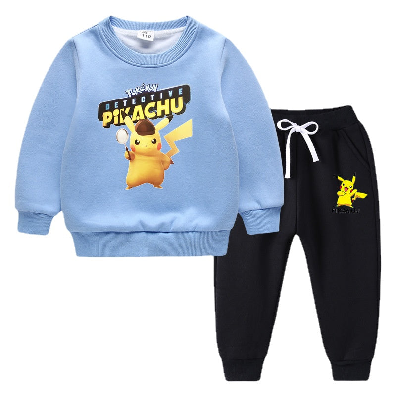 Children Pokemon Pikachu Hoodie & Pant Set Fleece Lined Padded Warm Keeping Winter Clothes Sweatershirt Suit