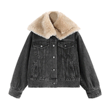 Beth Dutton Outfits Autumn and Winter Loose Vintage Navy Fur Collar Thickened Fleece-Lined Lamb Fur Denim Jacket for Women
