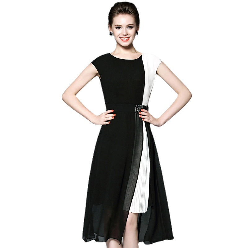 Black and White Dress Summer Chiffon Dress Slim-Fit Midi Dress