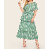 Women Plus Size Midi Dresses Waist Trimming Short-Sleeved Polka Dot Cake Dress