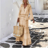 Beth Dutton Bohemian Dress Winter Autumn Midi Dresses Flared Sleeve Geometric Printed Maxi Dress
