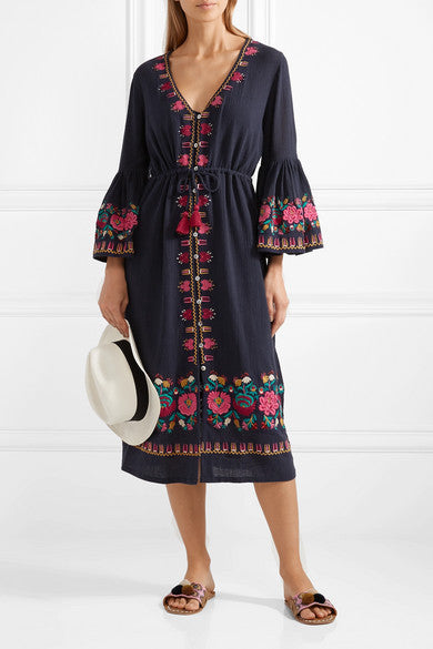 Ethnic Style Embroidered V-neck Veil Black Dress