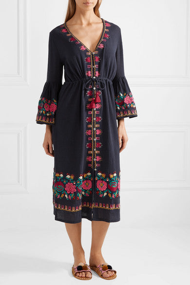 Ethnic Style Embroidered V-neck Veil Black Dress
