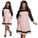 Women Plus Size Midi Dresses Fashion Long Sleeve Stitching Dress