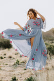 Women Dresses Embroidered Flower Backless Flared Sleeve Dress Long Dress