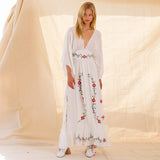Large V-neck Embroidered Flower Vacation Style Dress Long Dress