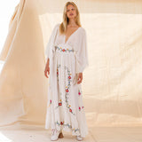 Large V-neck Embroidered Flower Vacation Style Dress Long Dress