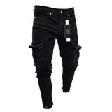 J Shaped Jeans Men's Jeans Elastic Trend Knee Ripped Zipper Feet