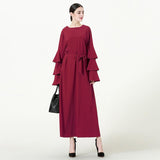 Muslim Women Stylish Kashibo Abaya Muslim Ladies Long Gown Islamic Clothing Jilbab Jalabiya Round Neck Loose Lace-up Long Sleeve Dress for Women