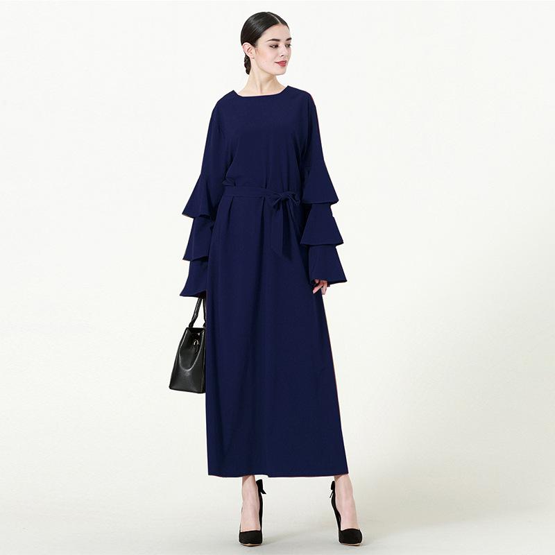 Muslim Women Stylish Kashibo Abaya Muslim Ladies Long Gown Islamic Clothing Jilbab Jalabiya Round Neck Loose Lace-up Long Sleeve Dress for Women