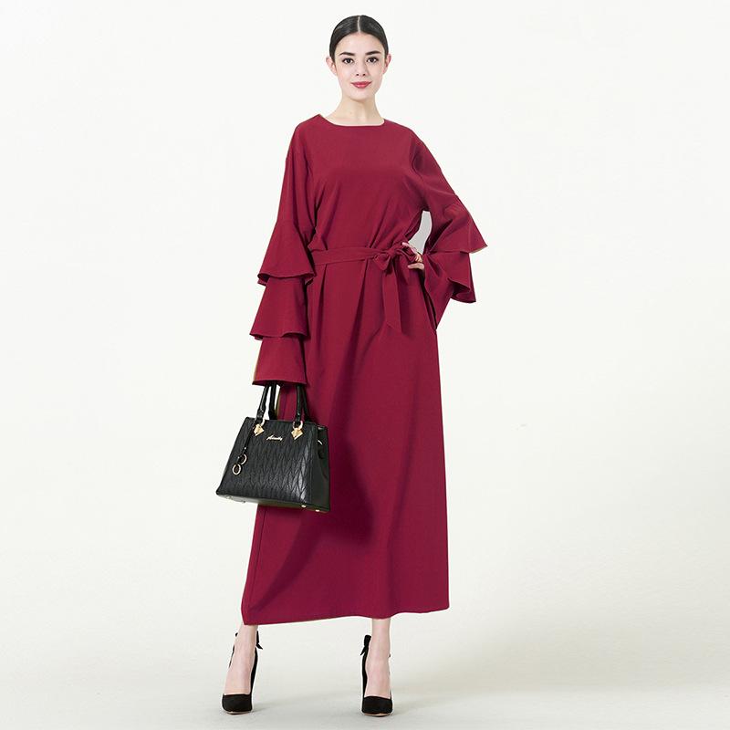 Muslim Women Stylish Kashibo Abaya Muslim Ladies Long Gown Islamic Clothing Jilbab Jalabiya Round Neck Loose Lace-up Long Sleeve Dress for Women
