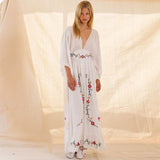 Large V-neck Embroidered Flower Vacation Style Dress Long Dress