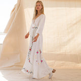 Large V-neck Embroidered Flower Vacation Style Dress Long Dress