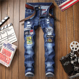 J Shaped Jeans New Men 'S Jeans Slim Fit Ripped Ankle-Tied Embroidered Patch Pattern Trendy Beggar Trousers