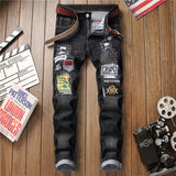 J Shaped Jeans New Men 'S Jeans Slim Fit Ripped Ankle-Tied Embroidered Patch Pattern Trendy Beggar Trousers