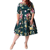 Women Plus Size Midi Dresses Middle-Sleeve Floral-Print Large Swing A- Line Dress