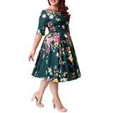 Women Plus Size Midi Dresses Middle-Sleeve Floral-Print Large Swing A- Line Dress