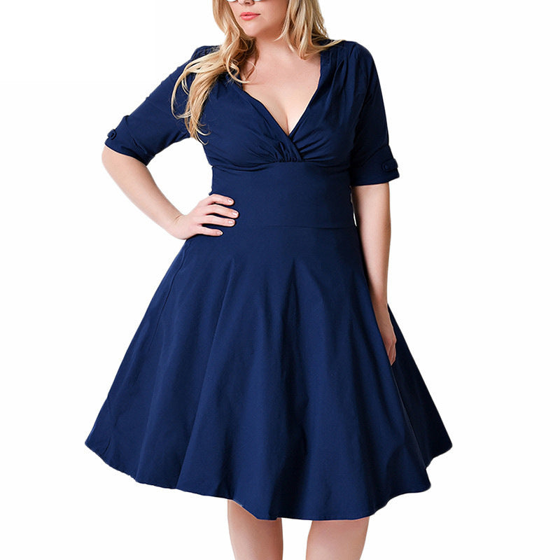 Women Plus Size MIDI Dressesv Collar Mid-Sleeve Large Swing Dress
