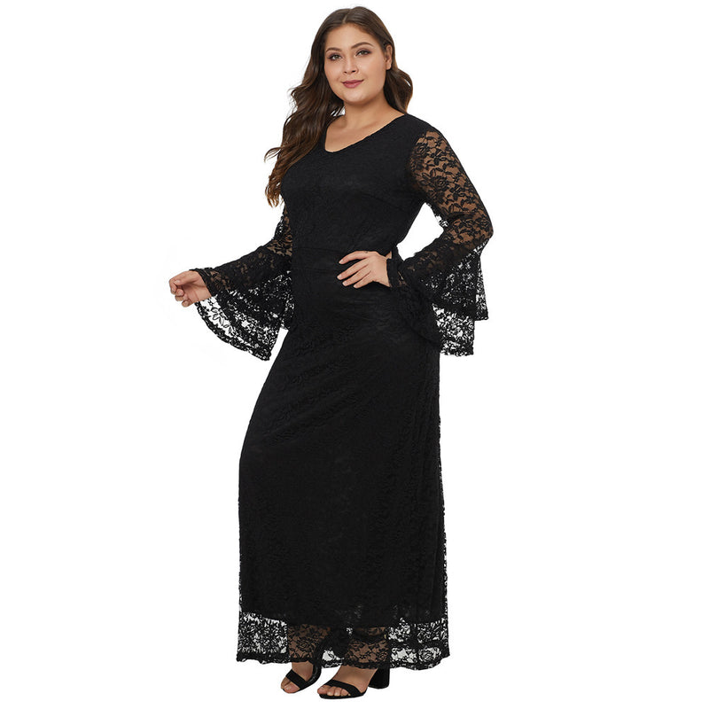 Women Plus Size Maxi Dresses V-neck Collar Flared Long Sleeve Zipper Lace Long Dress
