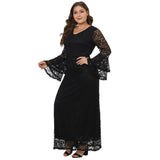 Women Plus Size Maxi Dresses V-neck Collar Flared Long Sleeve Zipper Lace Long Dress