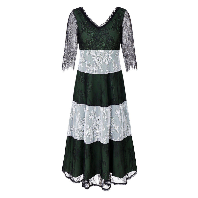 Women Plus Size Maxi Dresses Lace Stitching Contrast Color Striped Large Swing Dress for Women