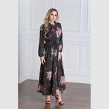 Women Plus Size Maxi Dresses Long Sleeve Printed Waist-Controlled Large Swing Mopping Chiffon Dress