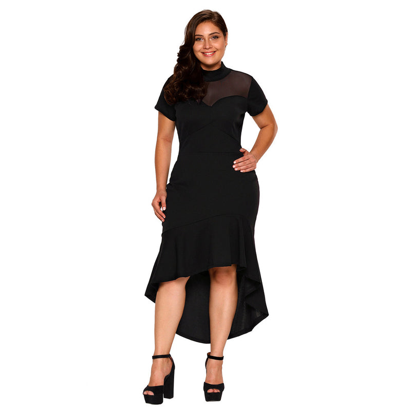 Women Plus Size Midi Dresses Turtleneck Short Sleeve Stitching Pleated Dress