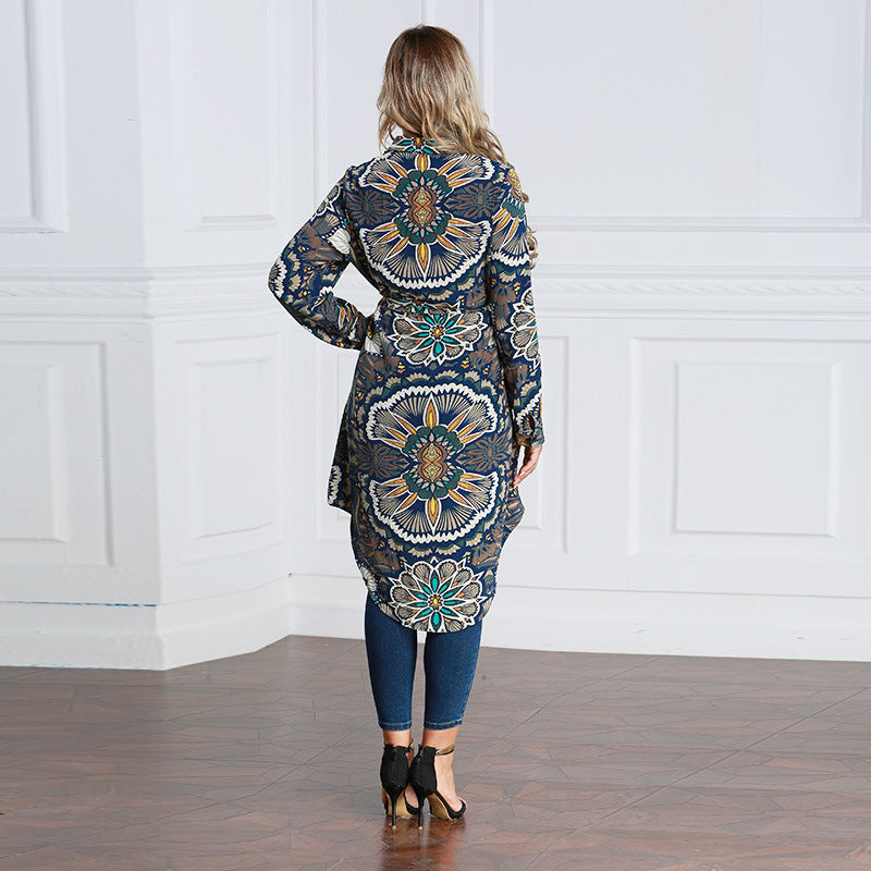 Women Plus Size Midi Dresses Muslim Loose Print Shirt Dress