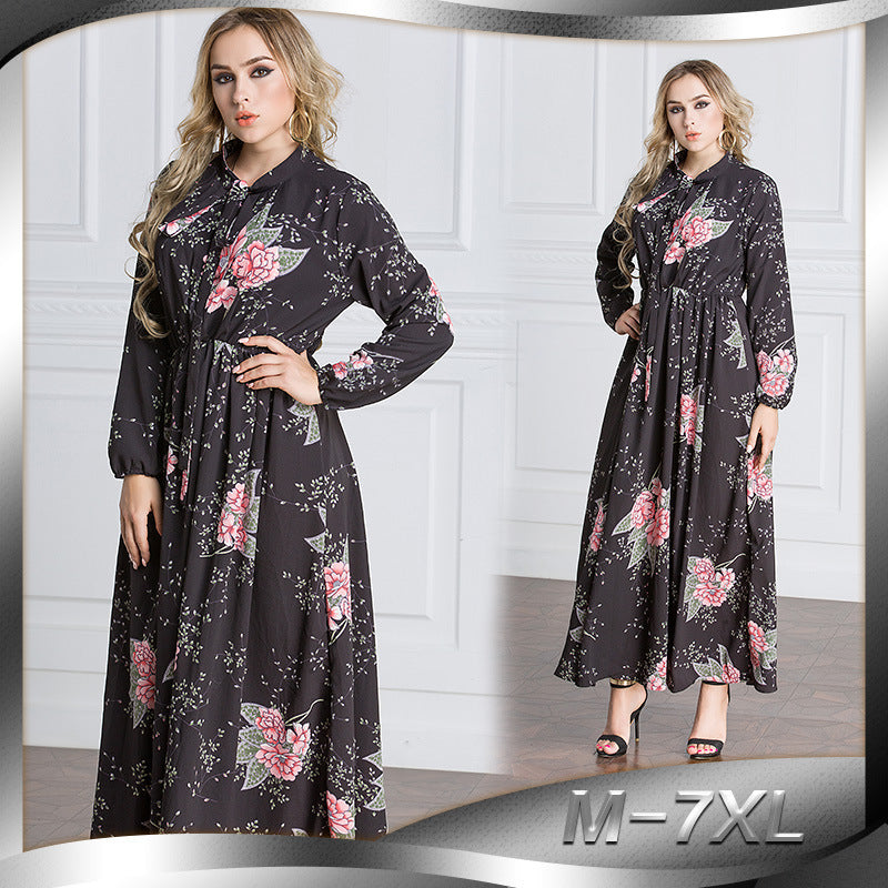 Women Plus Size Maxi Dresses Long Sleeve Printed Waist-Controlled Large Swing Mop Dress