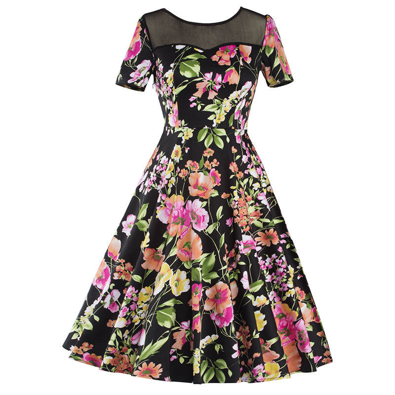 Women Plus Size Midi Dresses Round Neck Slim-Fit Printed Short Sleeve Stitching Large Swing Dress