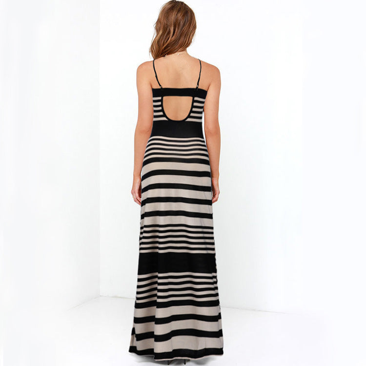 Women Plus Size Maxi Dresses Sexy Suspenders Striped Fashion Backless Long Dress