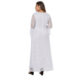 Women Plus Size Maxi Dresses V-neck Collar Flared Long Sleeve Zipper Lace Long Dress