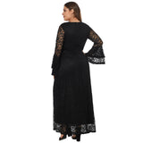 Women Plus Size Maxi Dresses V-neck Collar Flared Long Sleeve Zipper Lace Long Dress