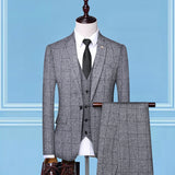 Seersucker Suit Men's Suit Set Slim Fit Business Checkered Suit Three-Piece Suit