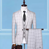 Seersucker Suit Men's Suit Set Slim Fit Business Checkered Suit Three-Piece Suit