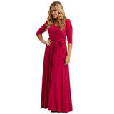 Women Plus Size Maxi Dresses Nine-Quarter Sleeve Solid Color Deep V High Waist Large Swing Long Dress