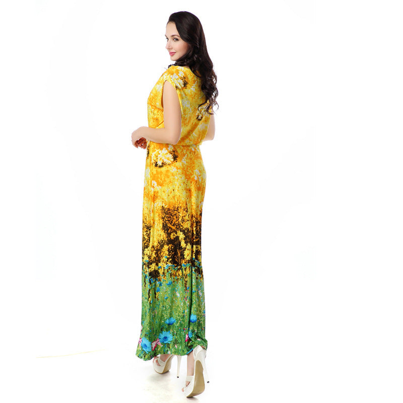 Women Plus Size Maxi Dresses Summer Bohemian Yellow Printings Holiday Dress