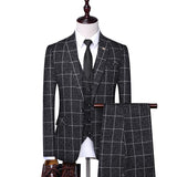 Seersucker Suit Men's Suit Set Slim Fit Business Checkered Suit Three-Piece Suit