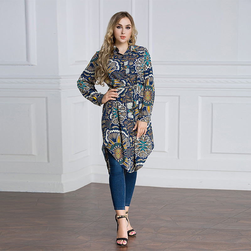Women Plus Size Midi Dresses Muslim Loose Print Shirt Dress