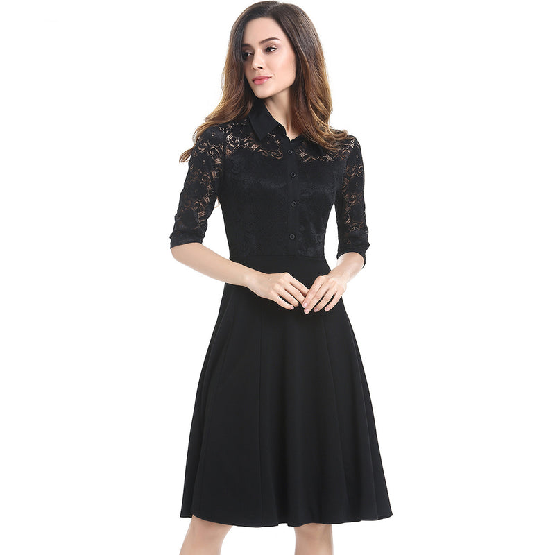 Women Plus Size Midi Dresses Fashion Mid-Sleeve Lapel Slim Lace Hollow Dress
