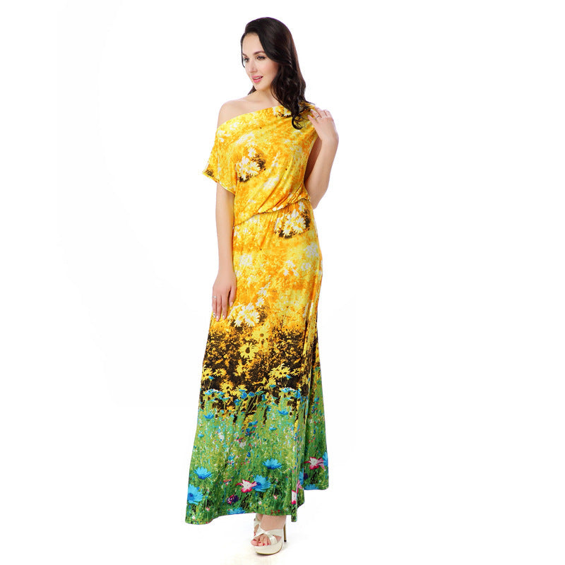 Women Plus Size Maxi Dresses Summer Bohemian Yellow Printings Holiday Dress