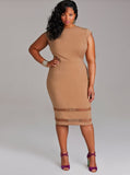 Women Plus Size Midi Dresses Pure Color Mesh Stitching Pencil Dress