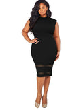 Women Plus Size Midi Dresses Pure Color Mesh Stitching Pencil Dress