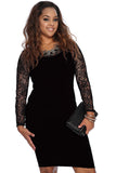 Women Plus Size Midi Dresses Sexy Long Sleeve Round Neck Lace Stitching Dress