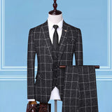Seersucker Suit Men's Suit Set Slim Fit Business Checkered Suit Three-Piece Suit